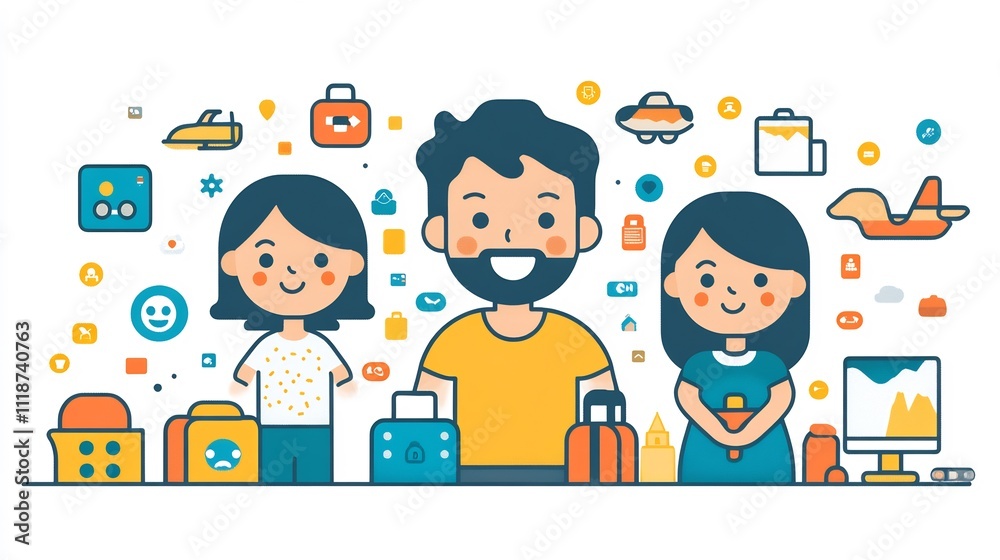 Mapstyle flat vector diverse family members planning their vacation surrounded colorful icons like luggage airplanes and landmarks leaving room for creative travel themes Mapstyle flat vector diverse family members planning their vacation surrounded colorful icons like luggage airplanes and landmarks leaving room for creative travel themes
