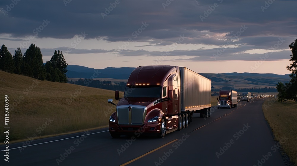 Obraz premium A vibrant red semi-truck adorned with LED lights makes its way down a highway at night, creating a cinematic look among fellow trucks during the blue hour