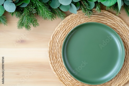 Serene dining table setup featuring sage green tableware and terracotta napkins on a wooden surface with dark green foliage