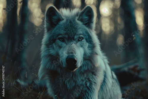 Grey Wolf Portrait   captive animal Magical forest dawn photo