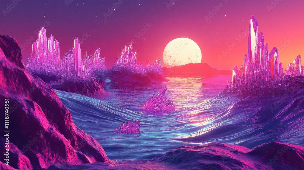 A vibrant, surreal landscape featuring crystalline formations and a glowing sun over water. A vibrant, surreal landscape featuring crystalline formations and a glowing sun over water.