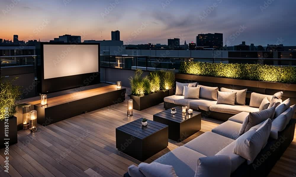 Rooftop patio with sectional sofa, screen, city view.