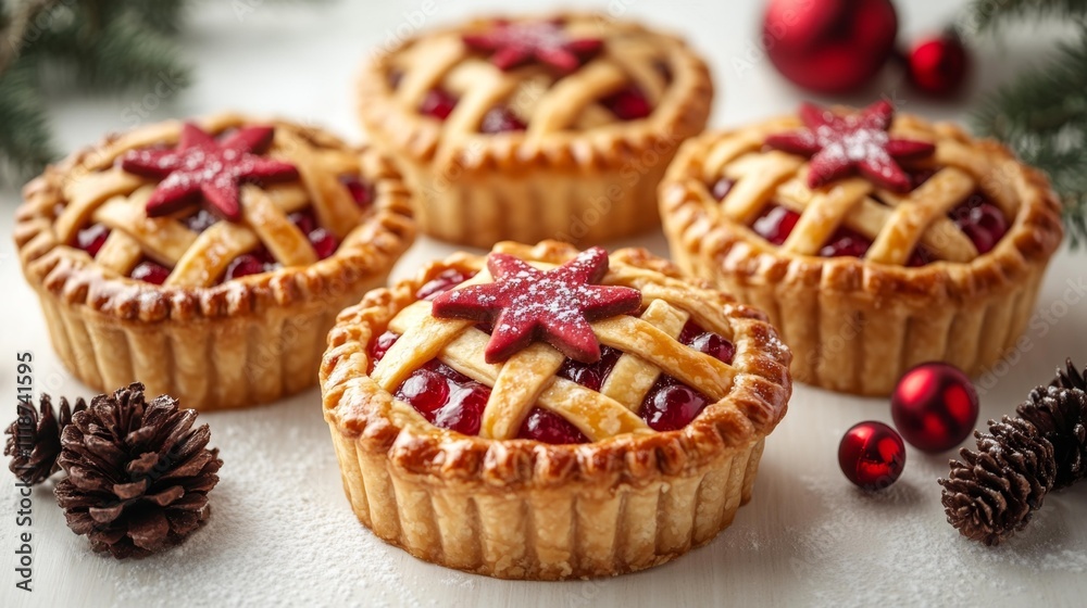Mini Pies with Holly-Shaped Crusts on White Background. Generative AI Mini Pies with Holly-Shaped Crusts on White Background. Generative AI