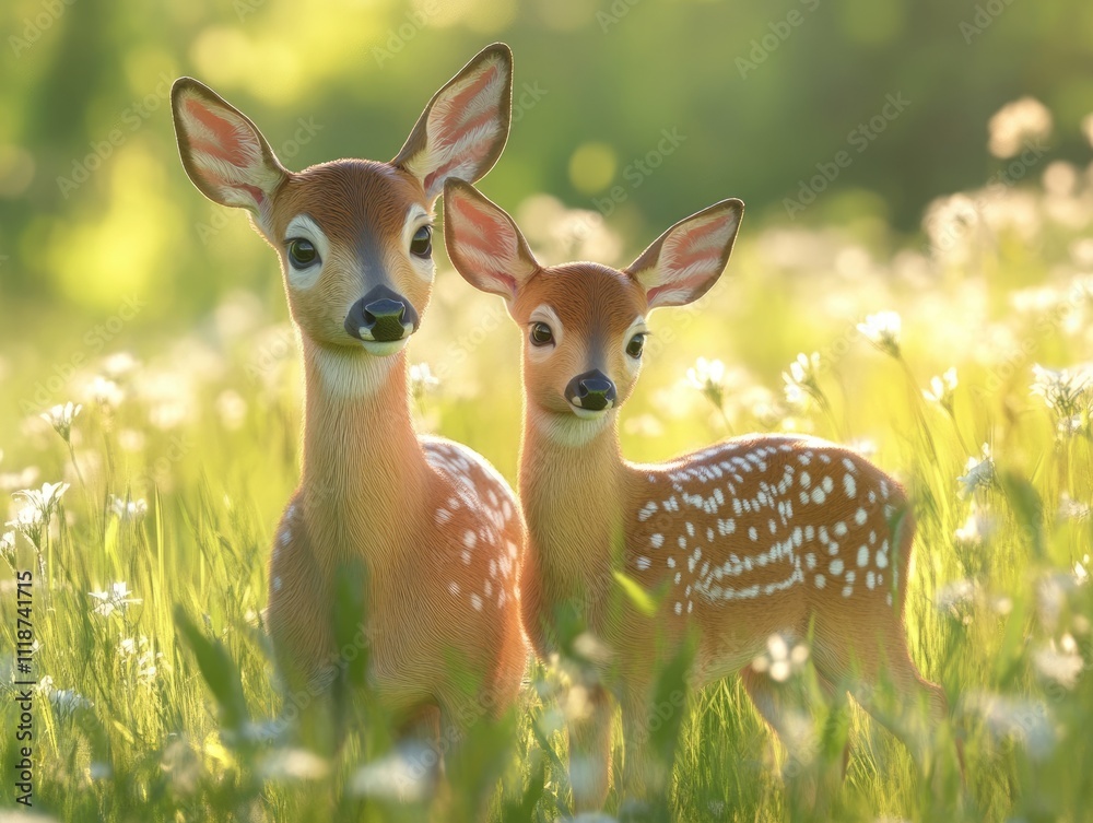 Fototapeta premium Whitetail Doe with Adorable Fawn in Lush Green Meadow Surrounded by Nature