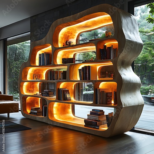 Sophisticated bookshelf featuring led lights enhancing organized book collection display picture photo