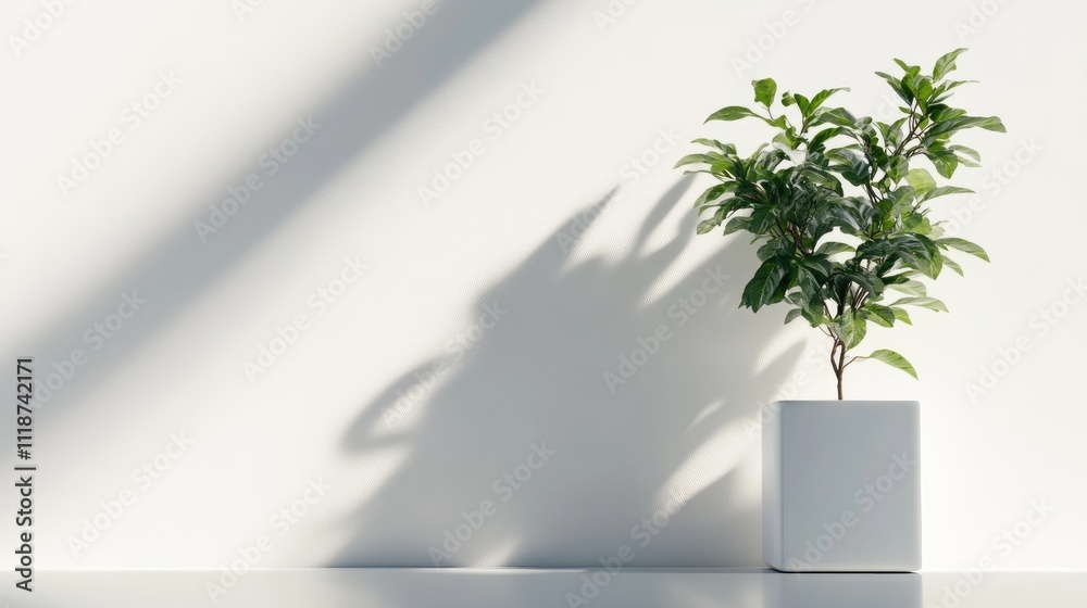 A potted tree stands alone in a bright white room, casting intricate shadows on the wall. The minimalist design highlights the simplicity of nature within modern architecture A potted tree stands alone in a bright white room, casting intricate shadows on the wall. The minimalist design highlights the simplicity of nature within modern architecture