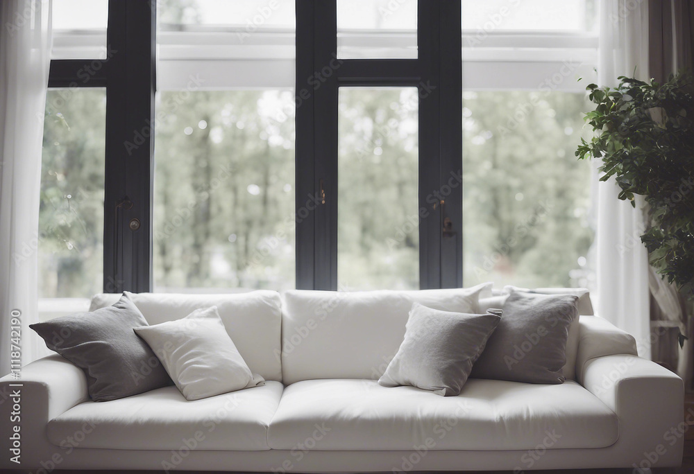 Cozy white sofa against window Scandinavian style home interior design of modern living room Cozy white sofa against window Scandinavian style home interior design of modern living room