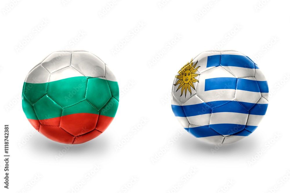 Obraz premium football balls with national flags of bulgaria and uruguay ,soccer teams. on the white background.