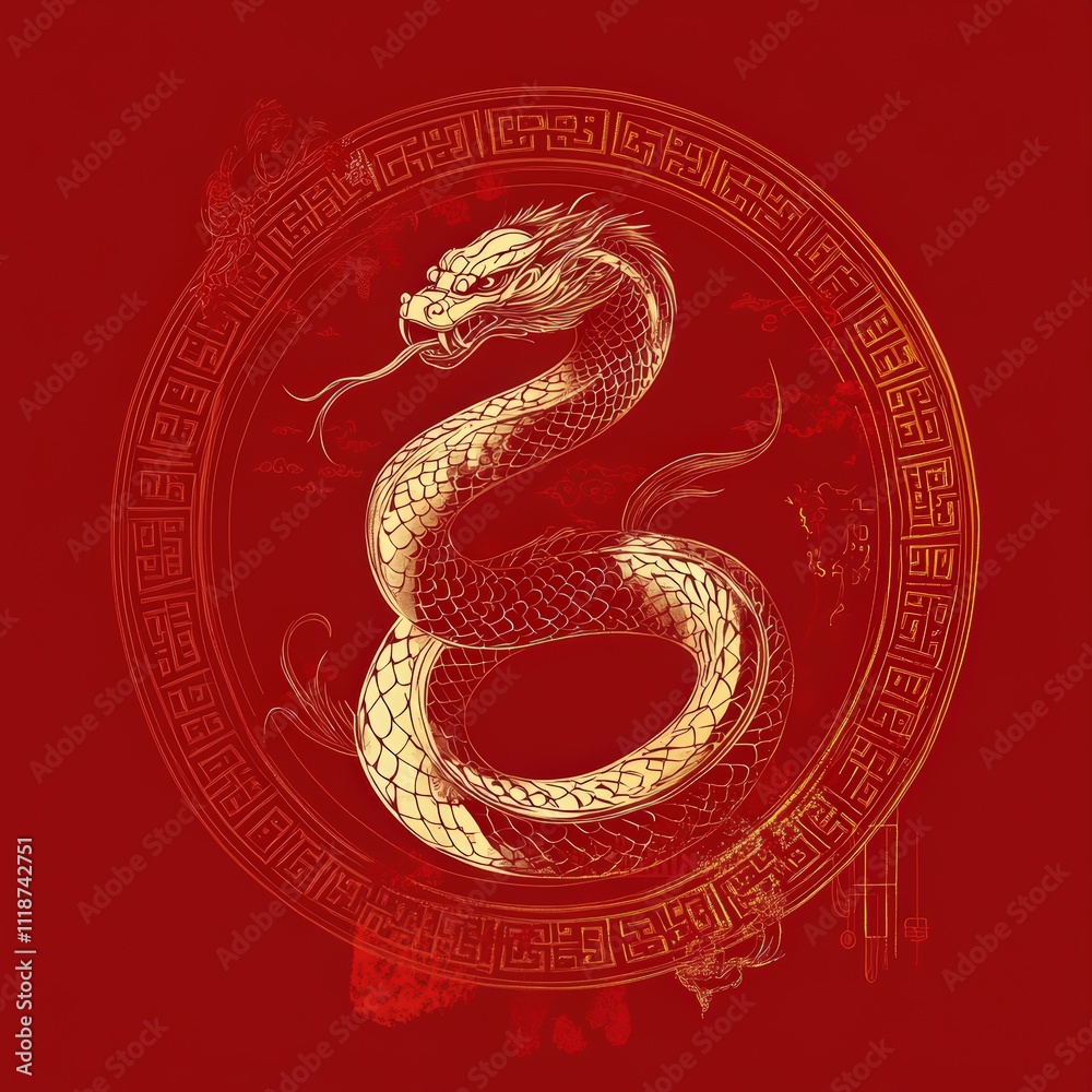 Golden Chinese Dragon in a Circle Frame on Red Background Chinese New Year Symbol Traditional Asian Art Lunar New Year Decoration Oriental Culture Mythical Creature Serpent Fantasy Illustration Red Golden Chinese Dragon in a Circle Frame on Red Background Chinese New Year Symbol Traditional Asian Art Lunar New Year Decoration Oriental Culture Mythical Creature Serpent Fantasy Illustration Red