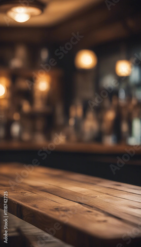 Empty wooden table rustic and blurred background of bar or pub For product display High quality phot