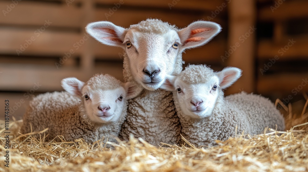 Soft woolen lambs snuggle close to their attentive mother in a warm barn setting Soft woolen lambs snuggle close to their attentive mother in a warm barn setting