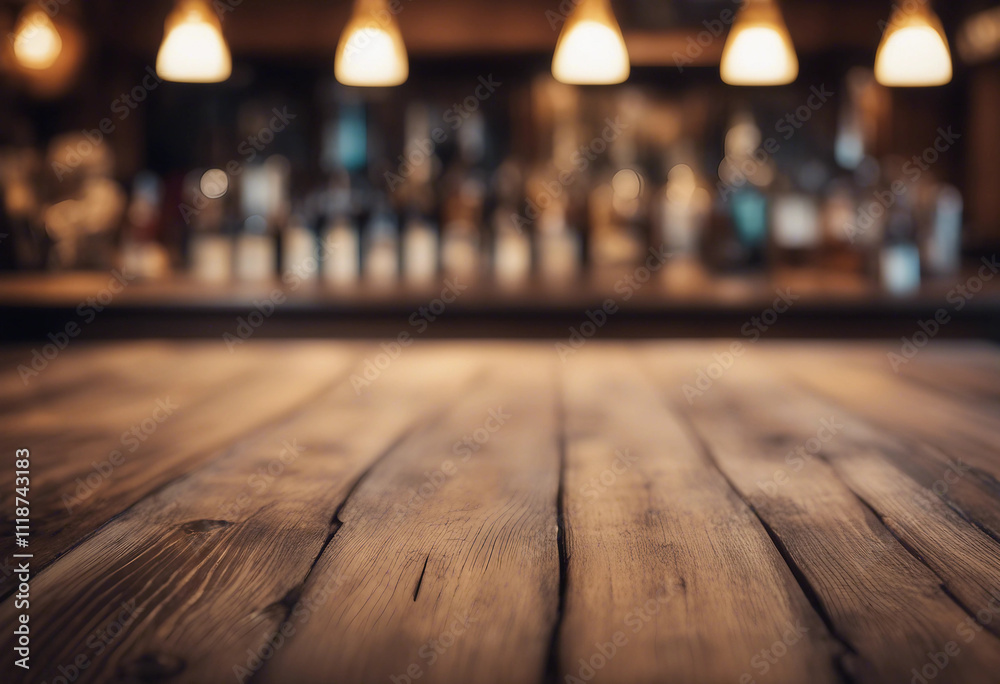 Empty wooden table rustic and blurred background of bar or pub For product display High quality phot