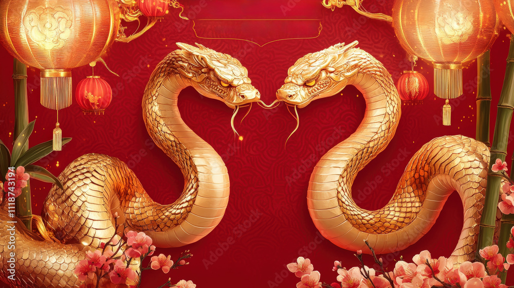 Happy Chinese New Year greeting card with two golden snakes facing each other surrounded by lanterns bamboo and cherry blossoms on a red background Chinese zodiac year of the snake celebration Happy Chinese New Year greeting card with two golden snakes facing each other surrounded by lanterns bamboo and cherry blossoms on a red background Chinese zodiac year of the snake celebration