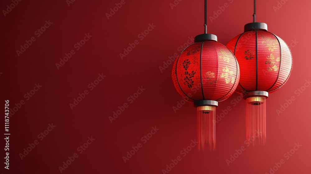 Two Red Chinese Paper Lanterns with Traditional Designs Hanging Against a Red Background Festive Decoration for Chinese New Year Lunar New Year Spring Festival and other Asian Celebrations Copy Space Two Red Chinese Paper Lanterns with Traditional Designs Hanging Against a Red Background Festive Decoration for Chinese New Year Lunar New Year Spring Festival and other Asian Celebrations Copy Space