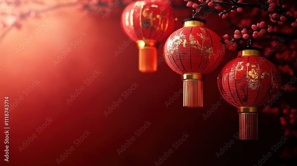 Chinese New Year background red lanterns decorations plum blossom branches festive atmosphere traditional celebration holiday greeting card design copy space 3D rendering Chinese New Year background red lanterns decorations plum blossom branches festive atmosphere traditional celebration holiday greeting card design copy space 3D rendering
