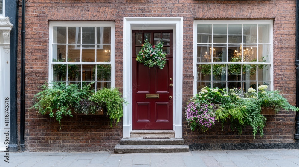 The red front door stands out against the old brick wall, framed by white columns with windows on both sides, showcasing classic architecture The red front door stands out against the old brick wall, framed by white columns with windows on both sides, showcasing classic architecture