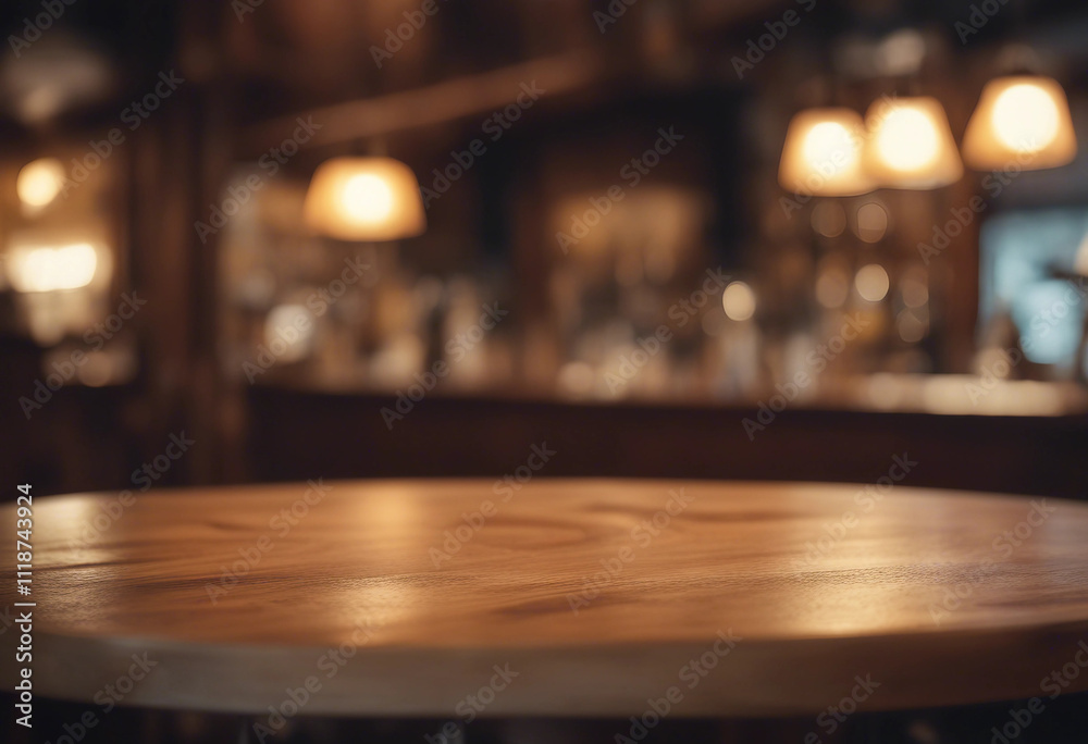Wooden round table and pub or bar blur background