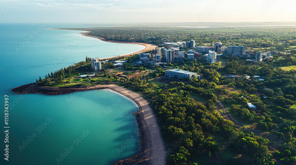 Fototapeta premium Aerial view of a coastal city, showcasing lush greenery, sandy beaches, and serene waters under a clear sky.