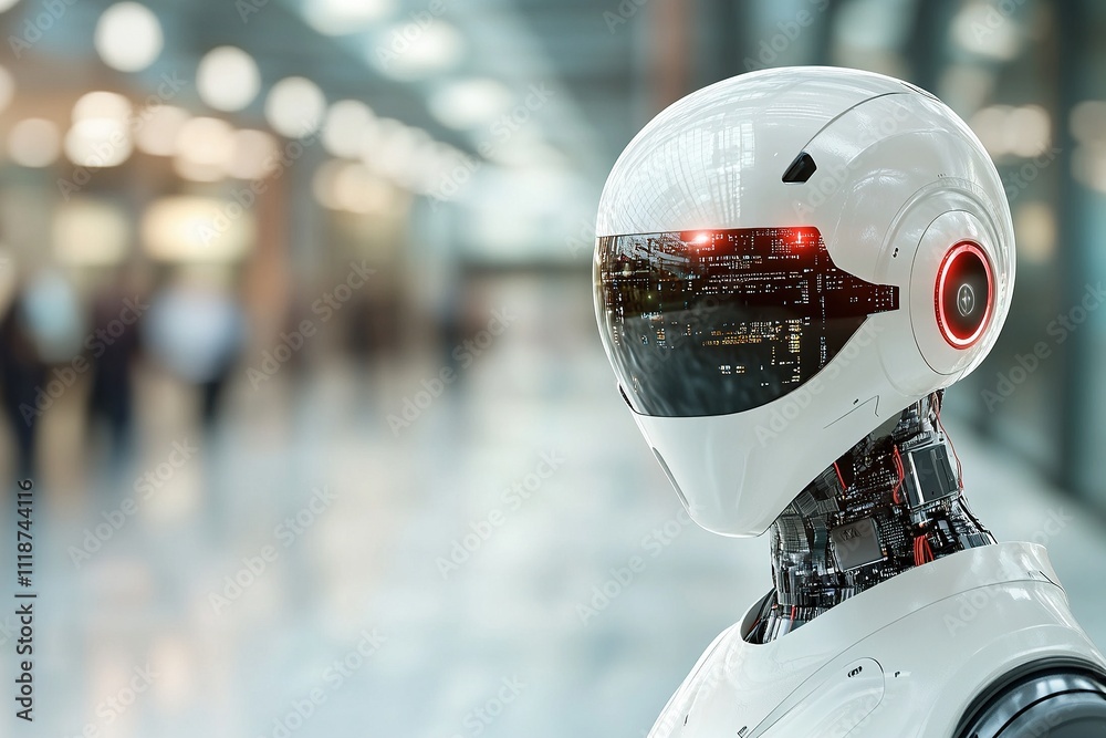 Fototapeta premium Futuristic robot with sleek design in modern urban setting showcasing advanced technology and innovation