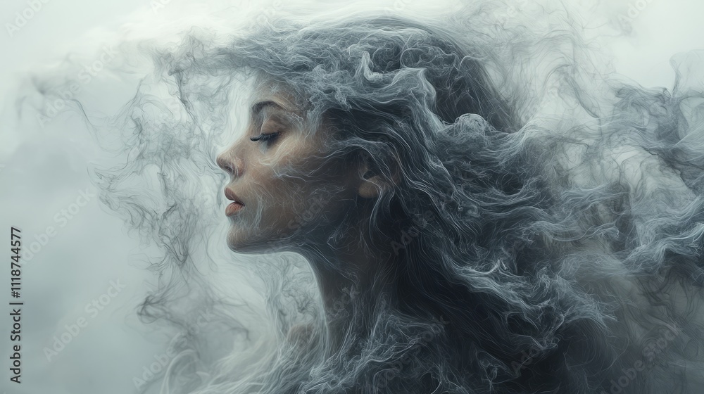 A woman with smoky hair stands gracefully, lost in peaceful contemplation in a dreamlike world A woman with smoky hair stands gracefully, lost in peaceful contemplation in a dreamlike world