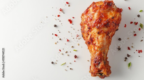 A seasoned chicken drumstick on a clean surface surrounded by spices. photo