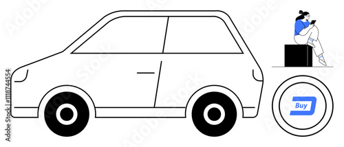Wallpaper Mural Compact car outline, person sitting with a tablet, and a Buy button. Ideal for online shopping, automotive sales, technology, digital marketplace, car dealership, e-commerce and remote purchasing Torontodigital.ca