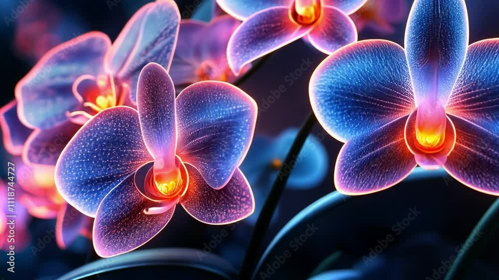 Brightly illuminated orchids with vibrant colors create a mesmerizing display in a dark setting
