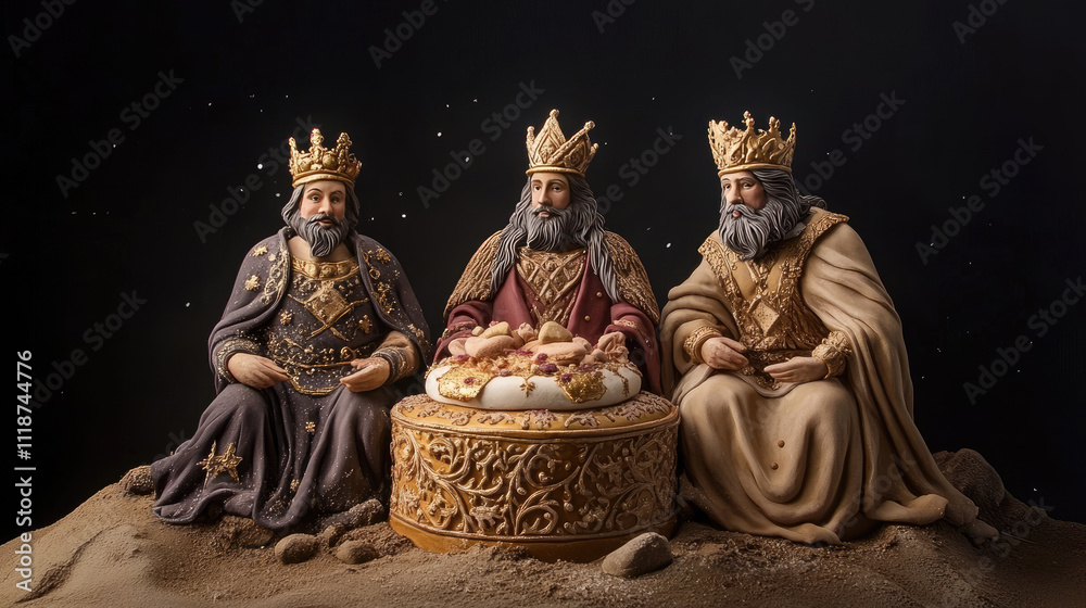 Three regal kings with elaborate crowns sit around a beautifully decorated cake on a sandy surface, showcasing intricate details.