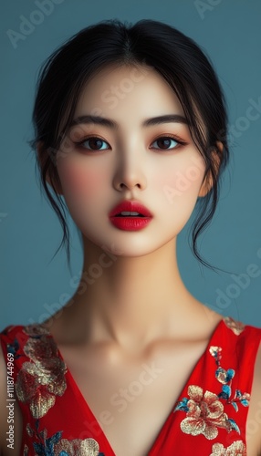 Beautiful young Asian woman with red lipstick and rosy cheeks wearing a traditional red floral dress perfect for Chinese New Year beauty fashion and cultural themes