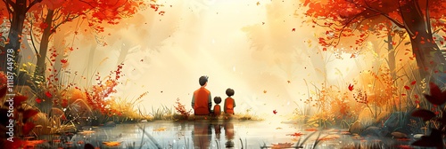 Natureinspired background family sitting in a garden or by a lake surrounded by elements like leaves water and sunlight offering a serene setting for familyrelated content