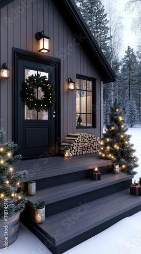 The exterior of a cozy cabin features a black door adorned with a wreath and lights, wooden steps, firewood underneath, and festive decorations, all illuminated in evening light