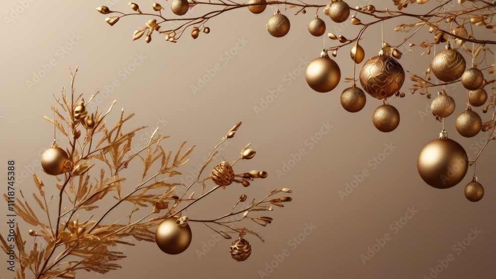 Fototapeta premium Matte Mocca Christmas backdrop with golden ornaments and branches.