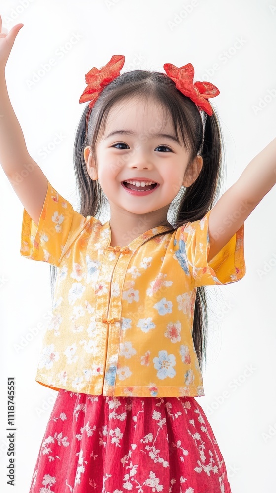 Cute Asian Baby Girl in Traditional Dress Smiling with Raised Hands Childhood Innocence and Cultural Heritage Cute Asian Baby Girl in Traditional Dress Smiling with Raised Hands Childhood Innocence and Cultural Heritage
