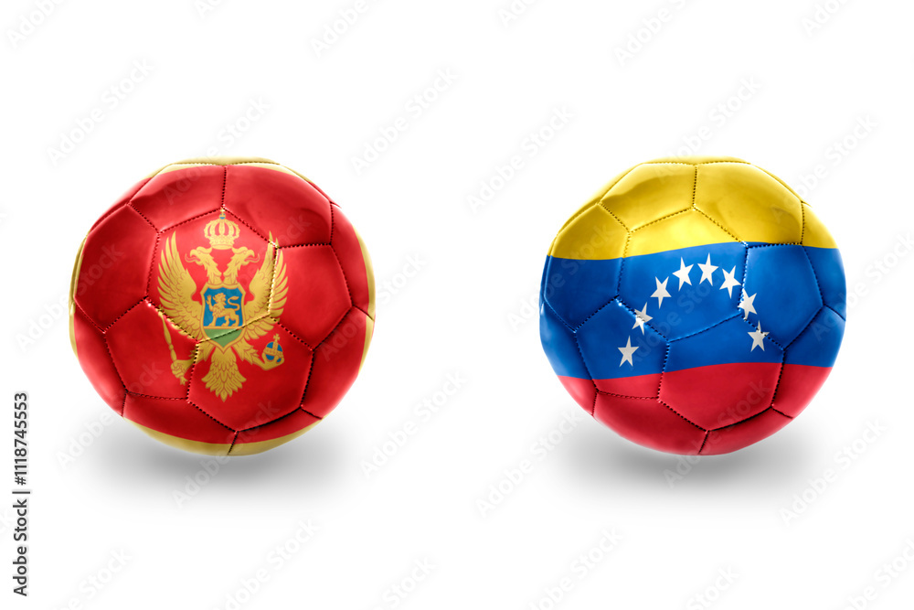 Obraz premium football balls with national flags of montenegro and venezuela ,soccer teams. on the white background.