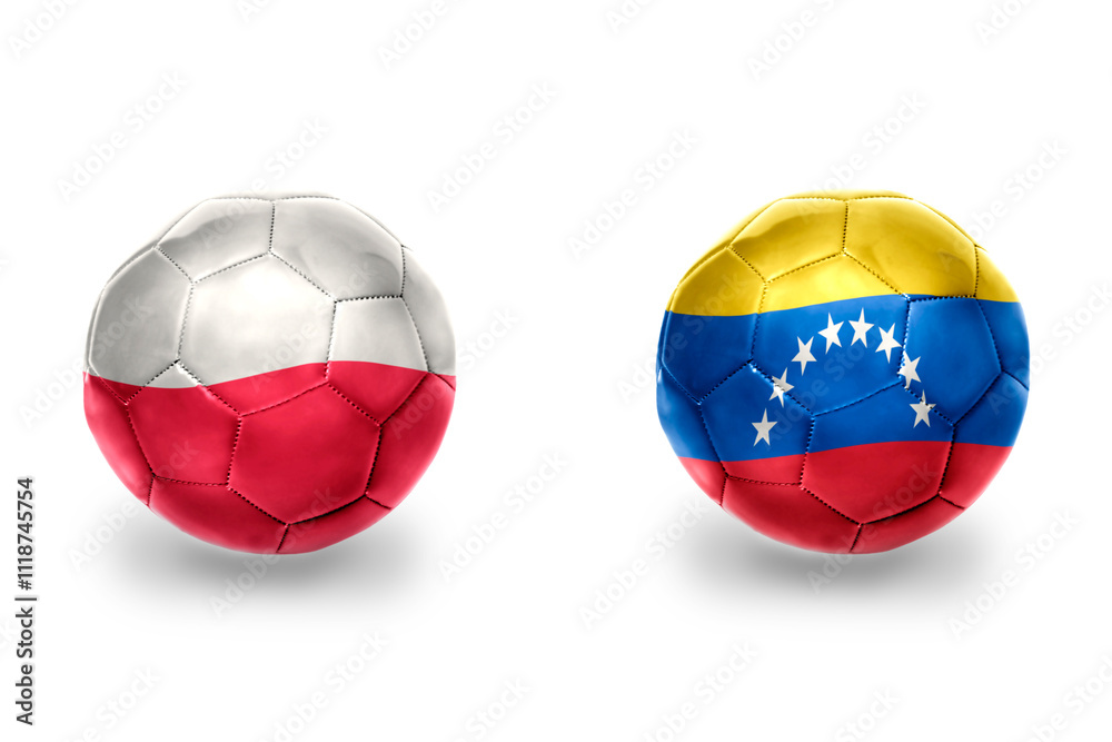 Obraz premium football balls with national flags of poland and venezuela ,soccer teams. on the white background.