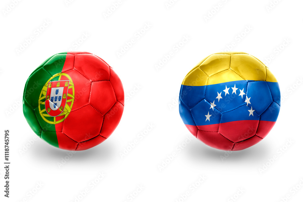 Obraz premium football balls with national flags of portugal and venezuela ,soccer teams. on the white background.