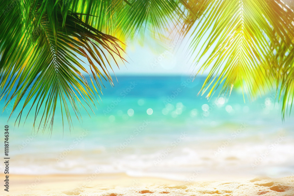 Vibrant tropical beach scene with lush green palm fronds framing bright turquoise ocean and soft sandy shore. Sunlight filters through leaves, serene summer atmosphere. For travel, relaxation themes Vibrant tropical beach scene with lush green palm fronds framing bright turquoise ocean and soft sandy shore. Sunlight filters through leaves, serene summer atmosphere. For travel, relaxation themes