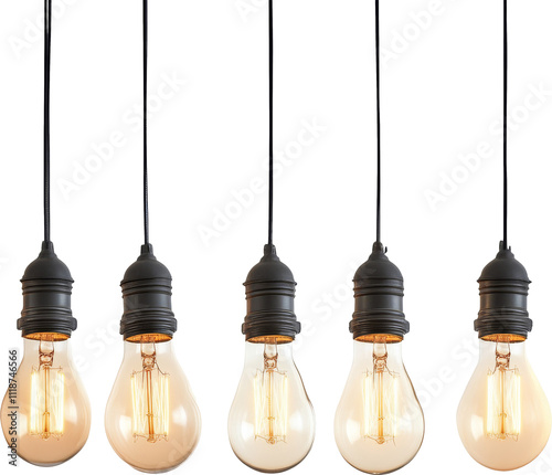 Vintage hanging light bulbs in a row, filament glowing against transparent background. Industrial lighting and design concept
