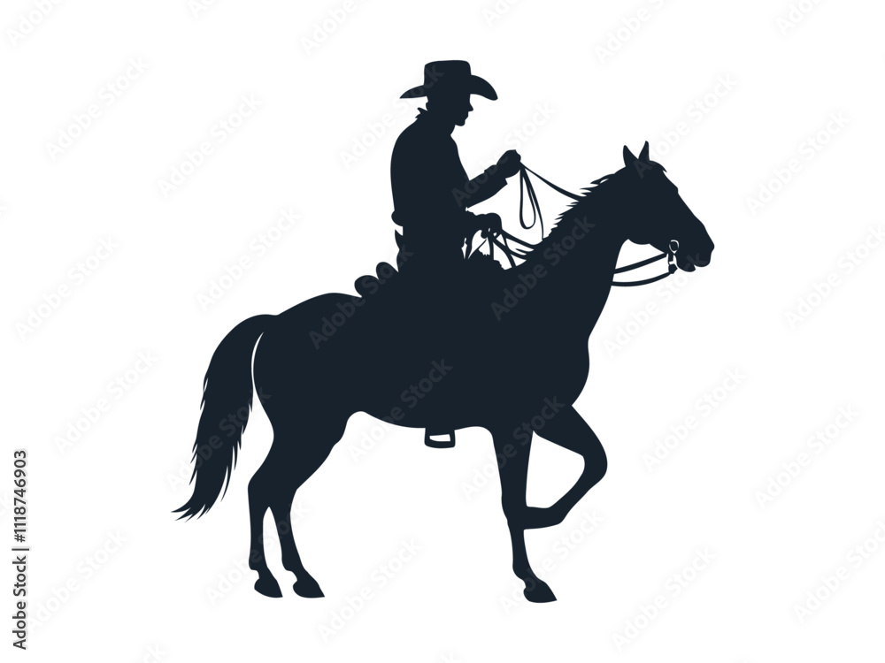 Naklejka premium Beautiful Cowboy riding a horse with Lasso Silhouette Vector illustration 
