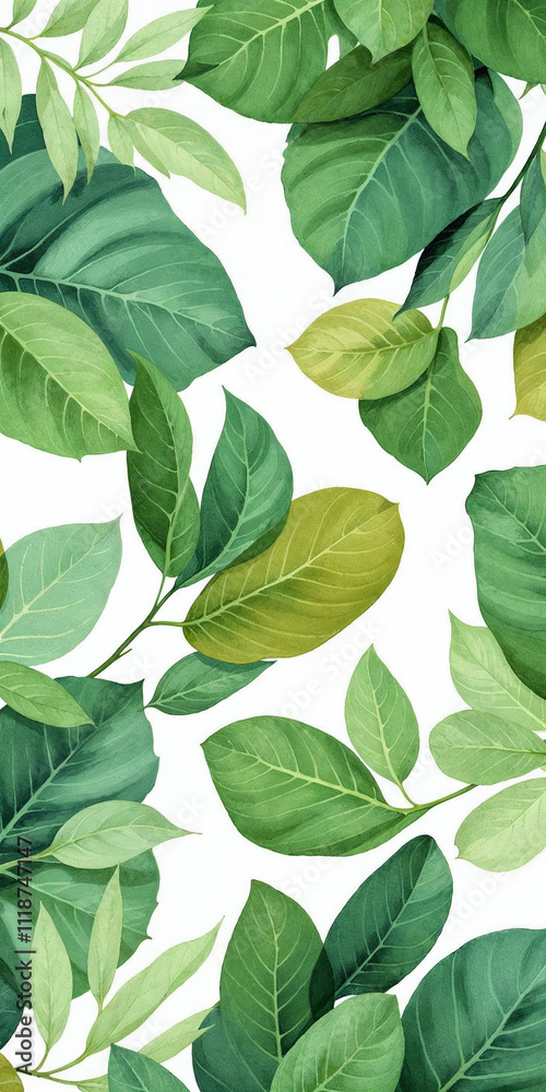 Watercolor illustration of green leaves seamless pattern on white background Watercolor illustration of green leaves seamless pattern on white background