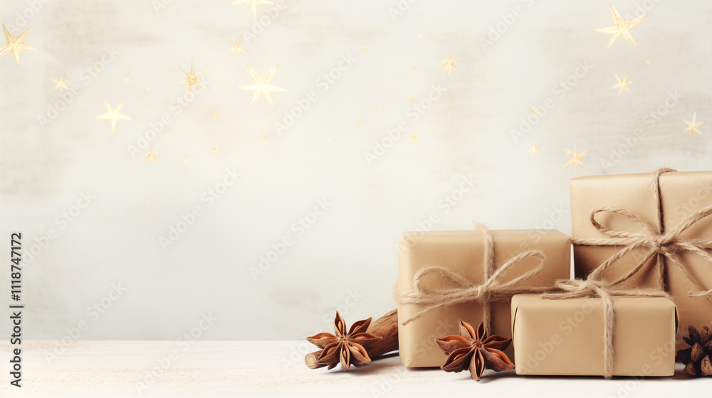 Fototapeta premium Christmas gifts banner with copy space. Christmas gift boxes in natural colors on light neutral background