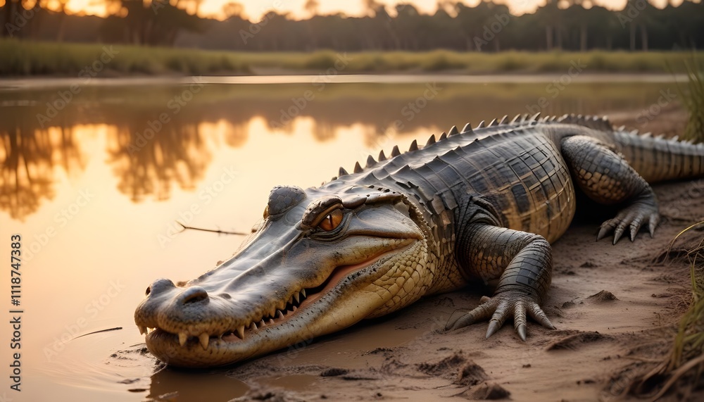 Fototapeta premium A large, prehistoric-looking alligator with a spotted, scaly skin lying on a muddy riverbank at sunset . 