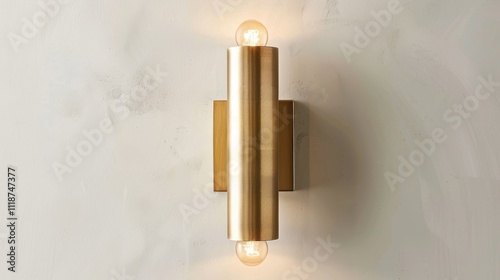 Modern gold double cylinder wall light fixture against a light beige textured background.