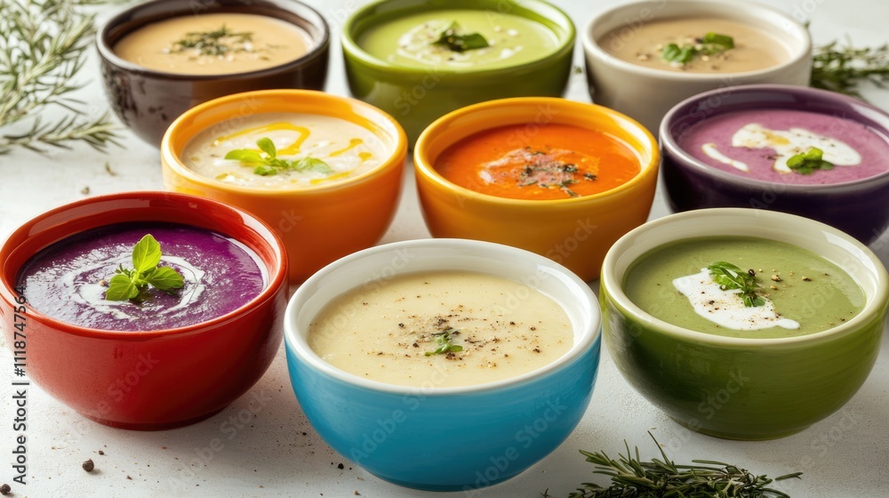 Assorted Garnished Soups in Vibrant Bowls: A Culinary Presentation of Flavor and Diversity Assorted Garnished Soups in Vibrant Bowls: A Culinary Presentation of Flavor and Diversity