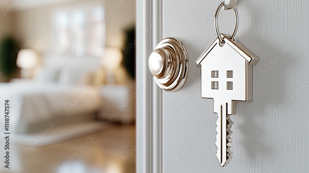 Silver house-shaped keychain hangs on door handle, with a softly blurred bedroom and Christmas tree glowing in the background Silver house-shaped keychain hangs on door handle, with a softly blurred bedroom and Christmas tree glowing in the background