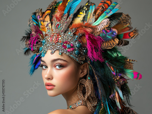 Beautiful portrait of a girl profile dressed with an extravagant headdress isolated on gray background