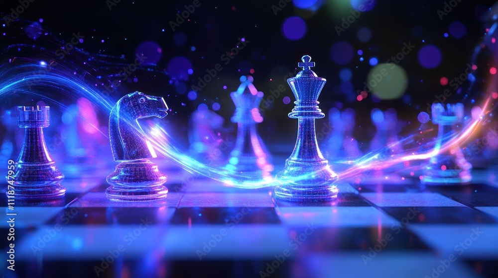 Strategic Chess Game: Digital Glow, Neon Lights, Futuristic Board Game