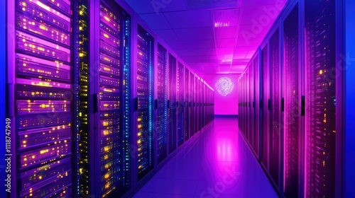 Modern Data Center Server Room Technology Corridor with Cyber Security Network Protection and Futuristic Purple Neon Lighting Servers Working with Artificial Intelligence Big Data Processing