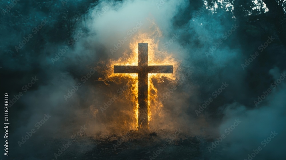 Dramatic depiction of a wooden cross surrounded by glowing smoke and illuminated by radiant light symbolizing sacrifice, faith, and divine presence Dramatic depiction of a wooden cross surrounded by glowing smoke and illuminated by radiant light symbolizing sacrifice, faith, and divine presence