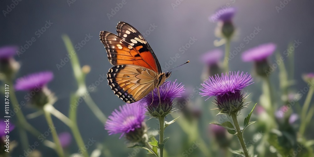 a butterfly hovering above the petals of a thistle violet, garden flowers, pollination a butterfly hovering above the petals of a thistle violet, garden flowers, pollination